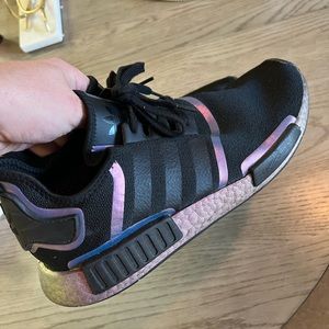 Adidas black and holographic purple running shoes. Size 14